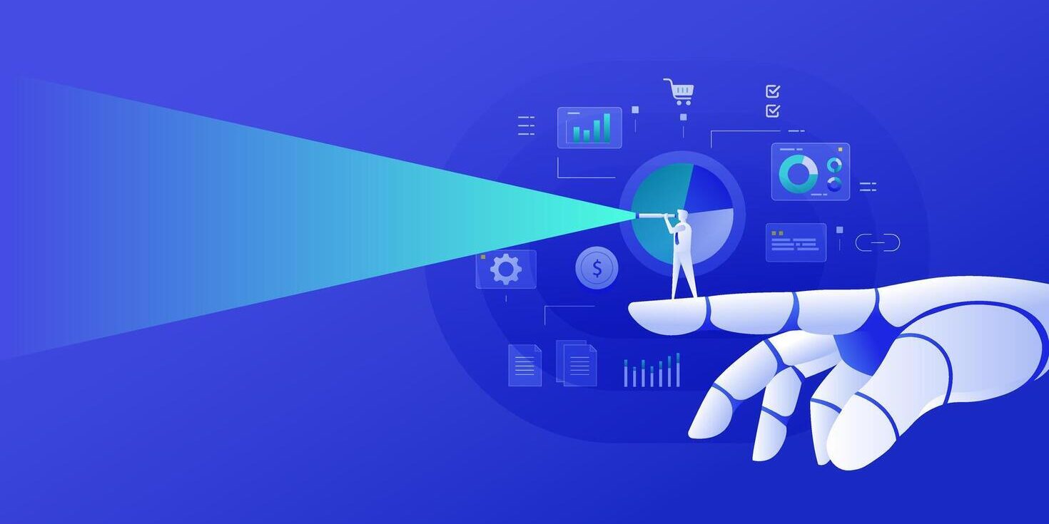 ai-strategy-for-digital-marketing-concept-illustration-background-banner-ai-robot-hand-and-businessman-vision-vector