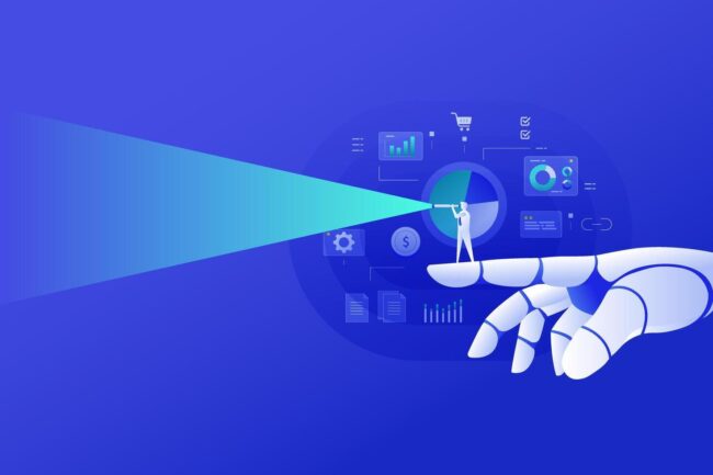 ai-strategy-for-digital-marketing-concept-illustration-background-banner-ai-robot-hand-and-businessman-vision-vector